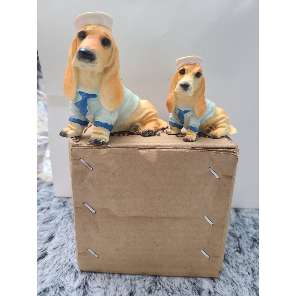 New Vintage Basset Hound Sailor Figurines Adult & Puppy Dog Set of 2